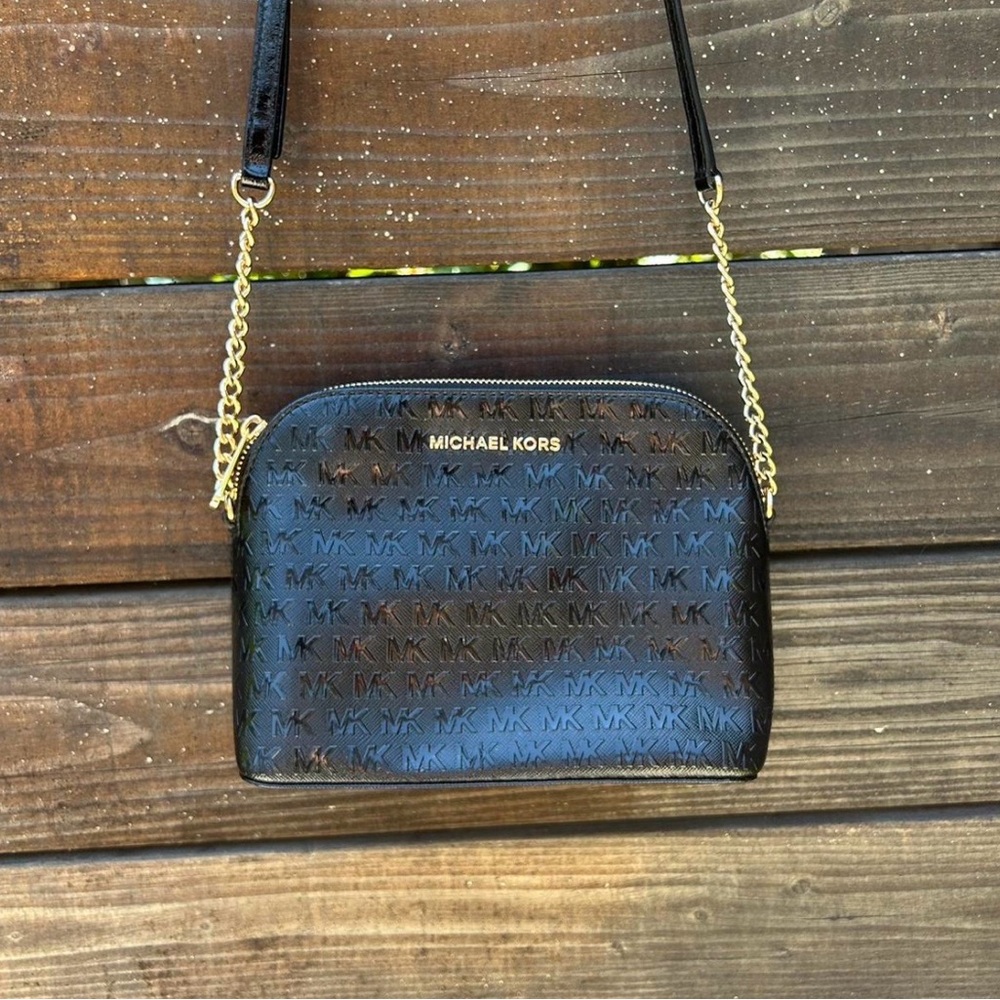 MICHAEL KORS Black Logo-Embossed Crossbody with Gold Chain